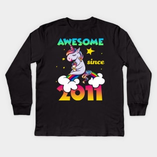 Cute Awesome Unicorn Since 2011 Rainbow Gift Kids Long Sleeve T-Shirt